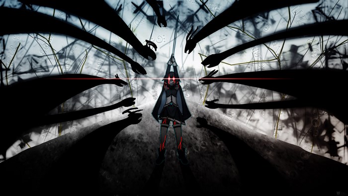 Sayaka Miki surrounded by shadowy hands