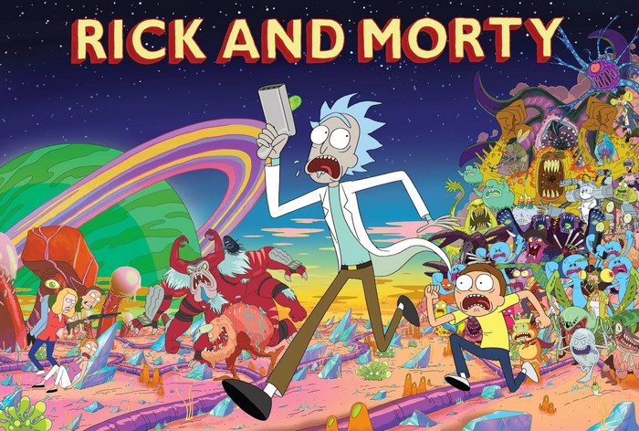 Rick and Morty in a chaotic alien landscape
