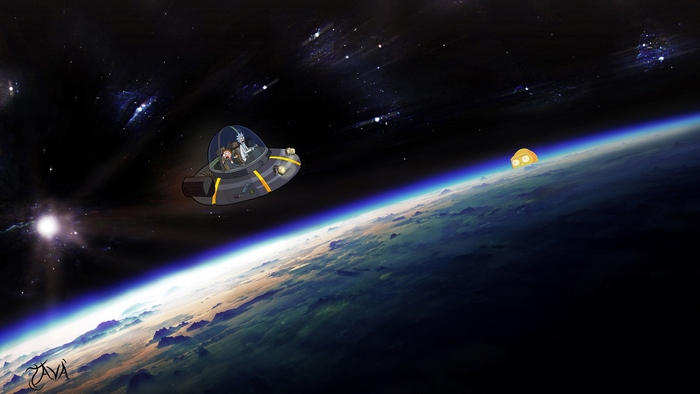 Rick and Morty in a spaceship above Earth
