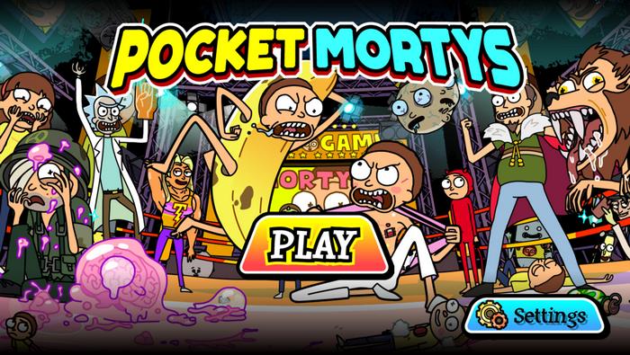 Pocket Mortys game title screen with characters