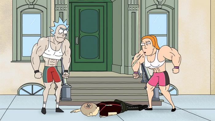 Rick and Morty with a Nazi on the ground