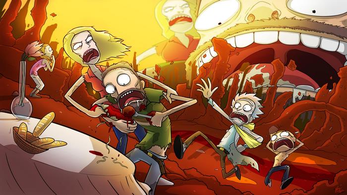 Rick and Morty in a chaotic scene