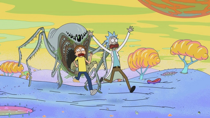 Rick and Morty running from a giant alien spider