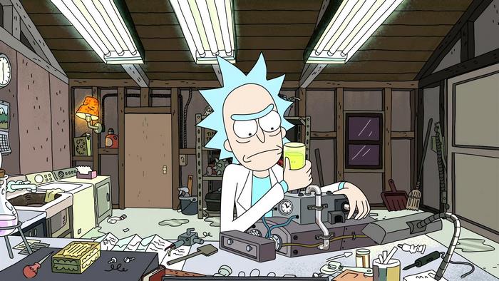 Rick Sanchez in a messy garage laboratory