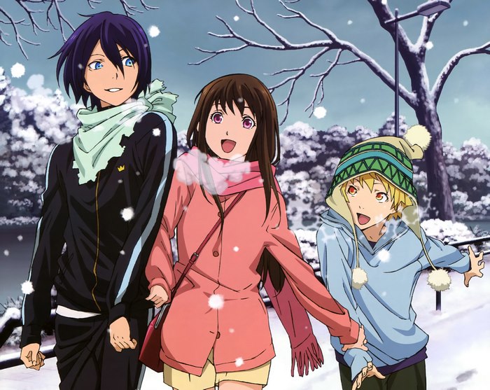 Yato, Hiyori, and Yukine from Noragami in the snow
