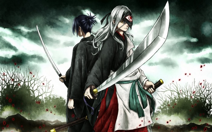Two samurai with swords in a dark forest