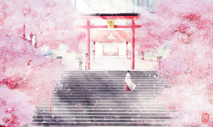 Yato Shrine Torii Gate with Cherry Blossoms
