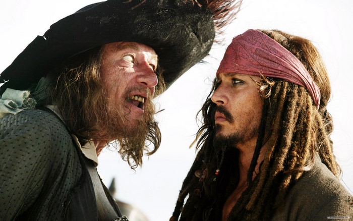 Captain Jack Sparrow and Barbossa from Pirates of the Caribbean