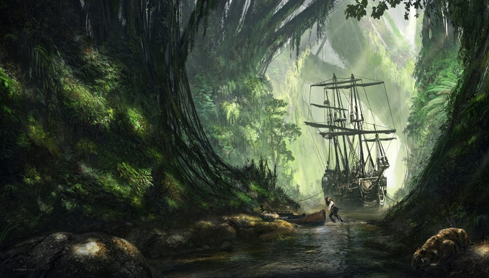 Captain Jack Sparrow in a jungle with a ship