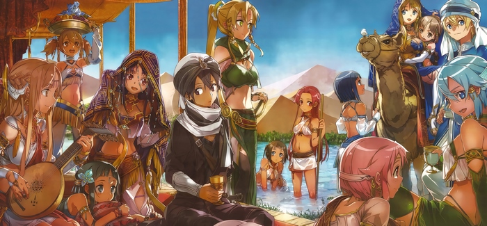 Anime characters in Egyptian-inspired attire with a camel