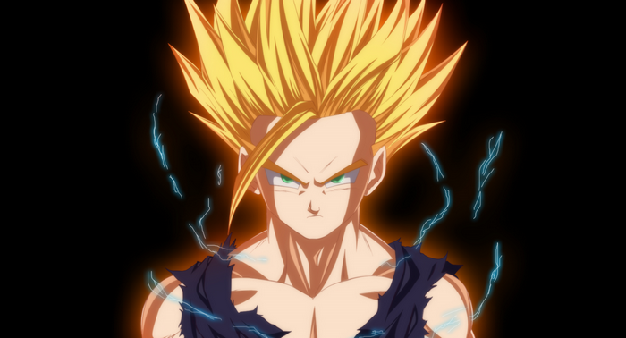 Gohan from Dragon Ball with spiky blonde hair and green eyes