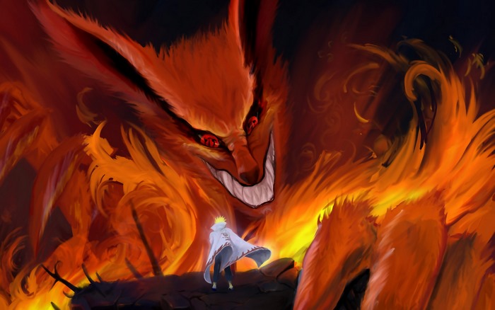 Minato Namikaze Facing Fiery Nine-Tails Creature