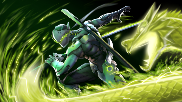 Genji from Overwatch with a green dragon