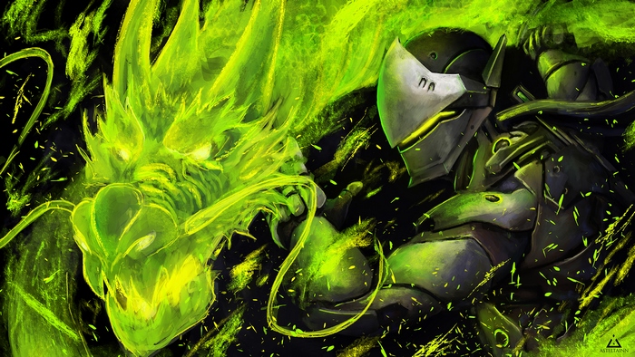 Genji from Overwatch with a green dragon