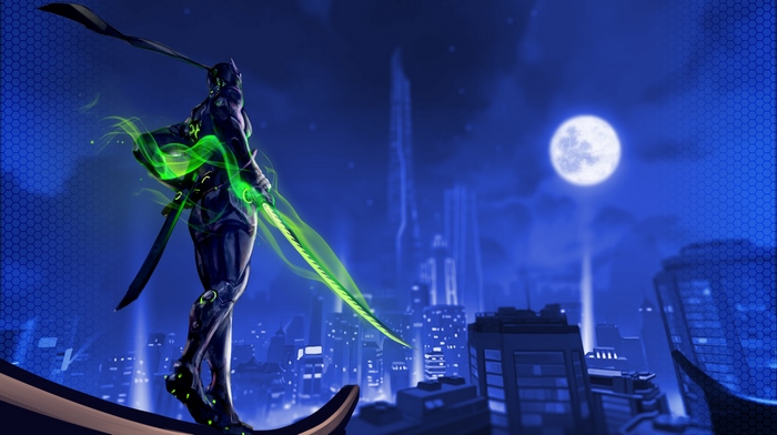Genji from Overwatch on a rooftop at night