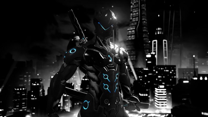 Genji from Overwatch in a futuristic city