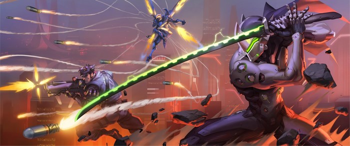 Genji and other characters in a battle