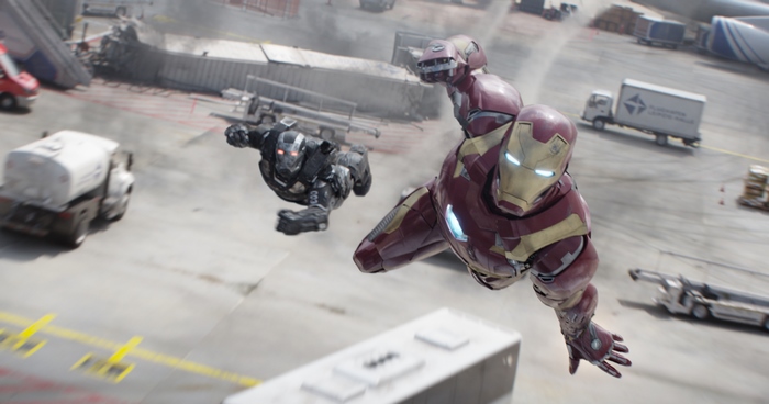 Iron Man and War Machine in flight
