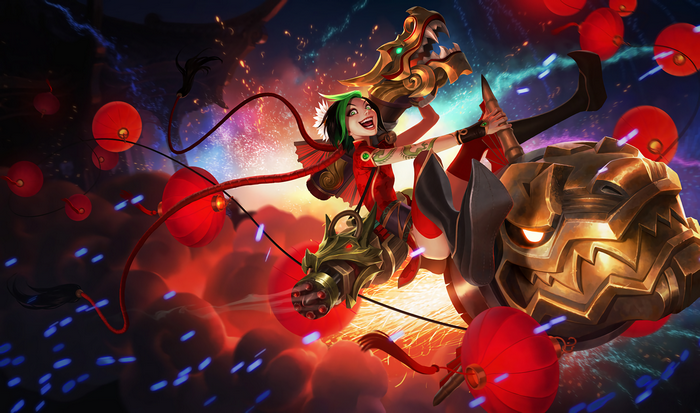 Jinx from League of Legends riding a tiger