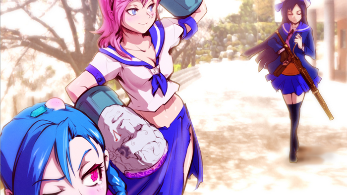 Jinx and Vi from League of Legends in school uniforms