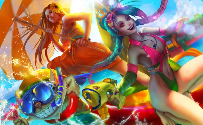 Jinx and Vi from League of Legends on a water fight