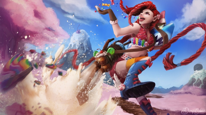 Jinx from League of Legends in a candy-themed world