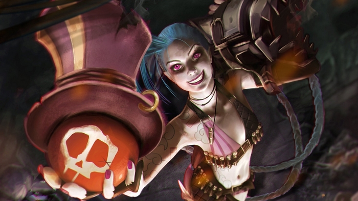 Jinx from League of Legends holding a pumpkin