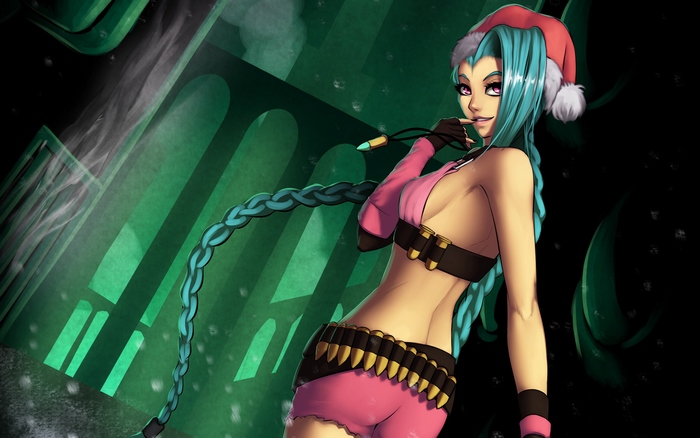 Jinx from League of Legends wearing a Santa hat