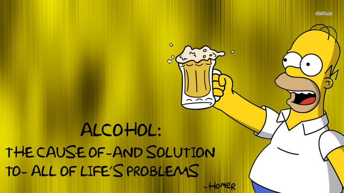 Homer Simpson holding a beer with text about alcohol