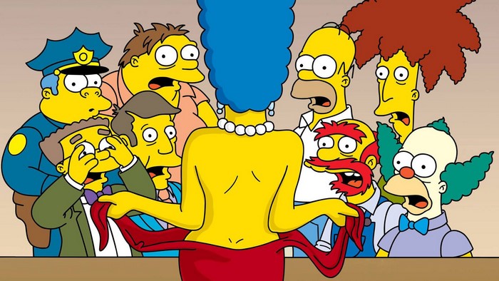 The Simpsons characters react to Marge's revealing outfit