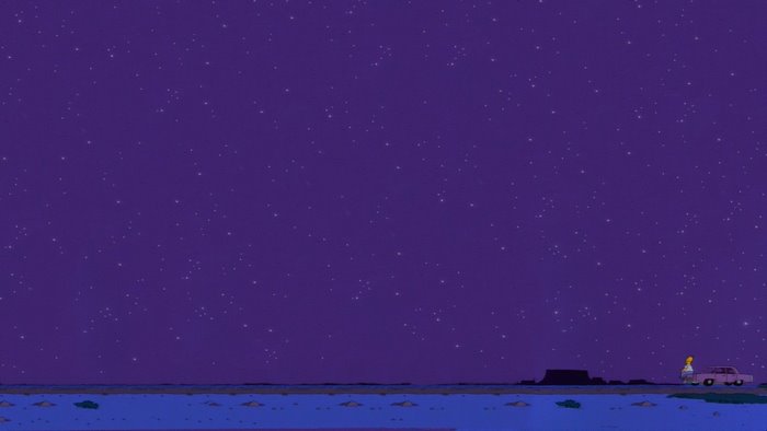 Homer Simpson standing by a car under a starry sky