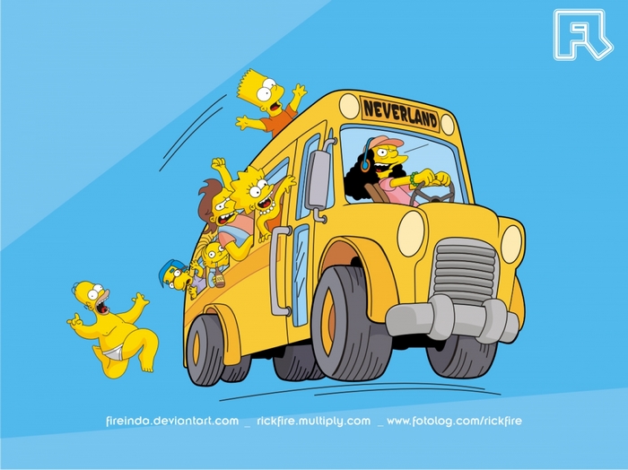 The Simpsons characters on a bus to Neverland