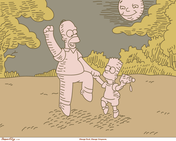 Homer and Bart Simpson in a field