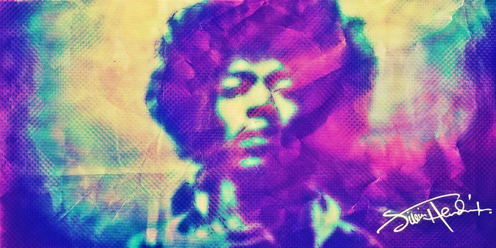 Jimi Hendrix portrait with colorful abstract background