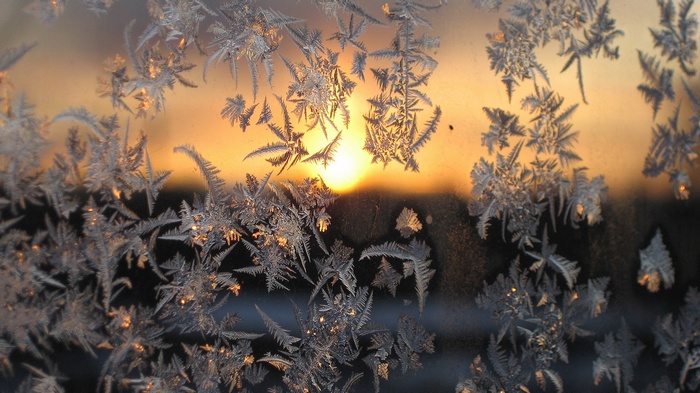 Frost patterns on a window at sunset