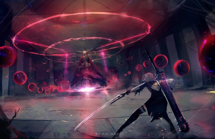 2B from NieR: Automata fighting a demonic entity