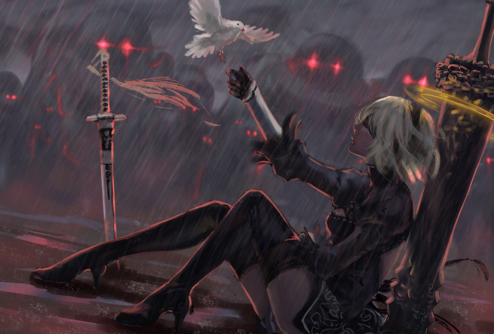 2B from NieR: Automata with a sword and a dove