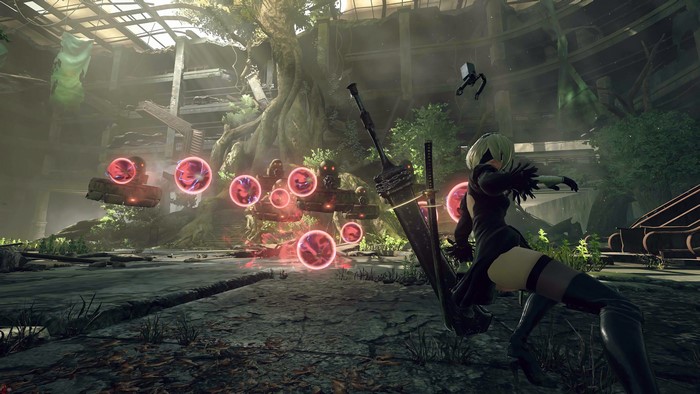 2B from NieR:Automata in a ruined environment