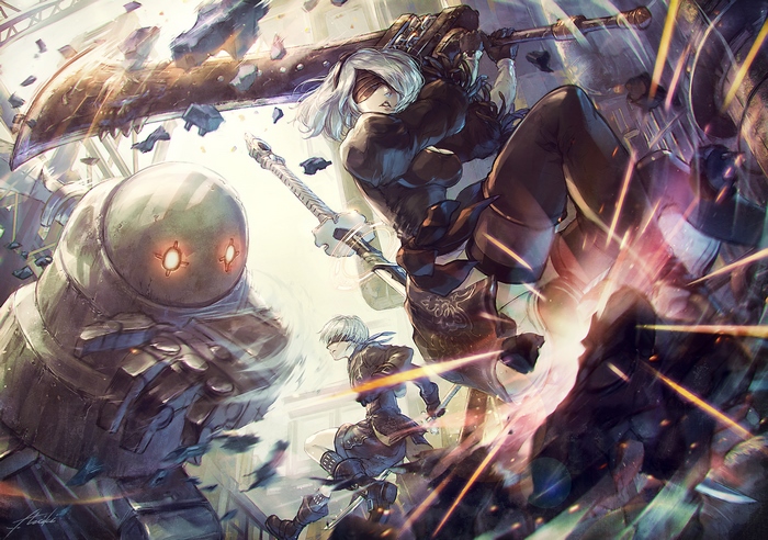 2B and 9S from NieR: Automata fighting a large robot