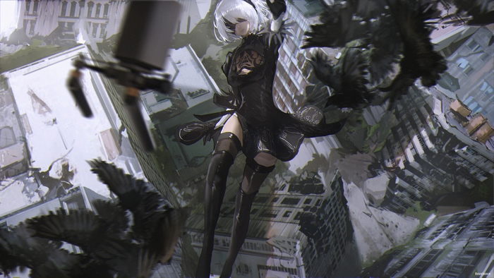 2B from NieR:Automata in a ruined city