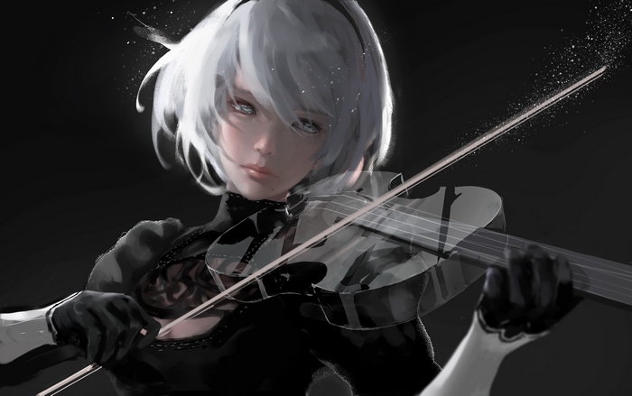 2B from NieR:Automata playing the violin