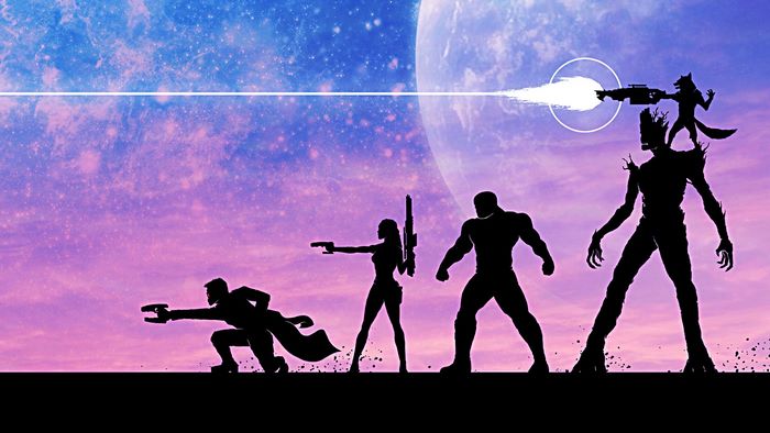Guardians of the Galaxy silhouettes firing weapon