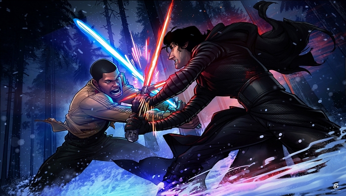 Finn and Kylo Ren fighting with lightsabers in Star Wars