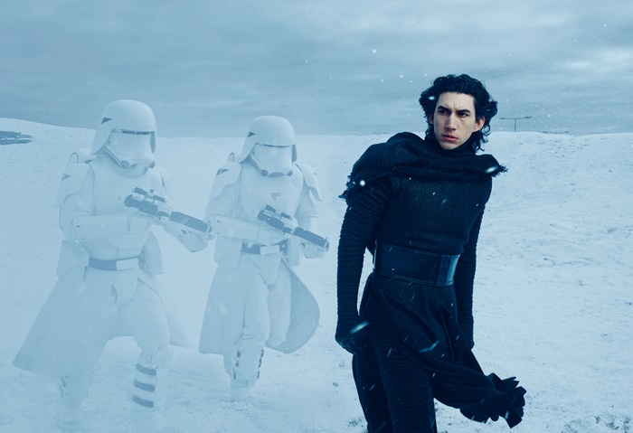 Kylo Ren and Stormtroopers in a snowy landscape