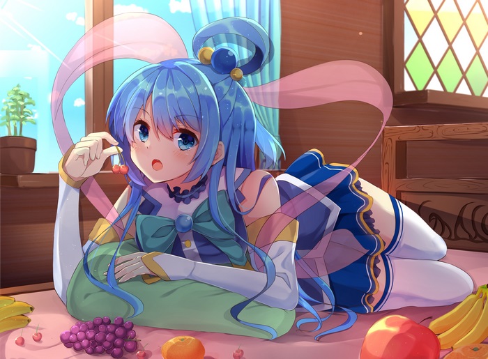 Aqua from KonoSuba eating cherries