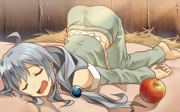 Aqua from KonoSuba sleeping with an apple