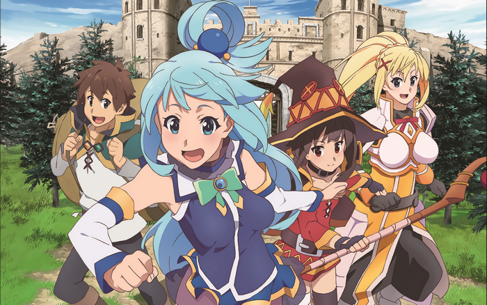 Aqua, Kazuma, Megumin, and Darkness from KonoSuba