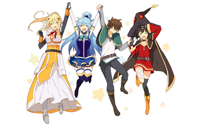Aqua, Darkness, Kazuma, and Megumin from KonoSuba