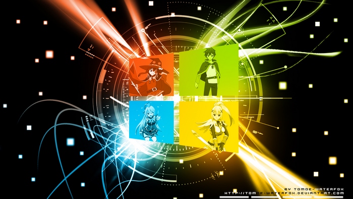 KonoSuba characters on a digital background