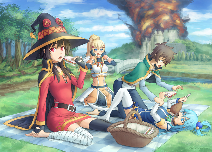 Aqua, Darkness, Kazuma, and Megumin from KonoSuba having a picnic with a castle burning in the background